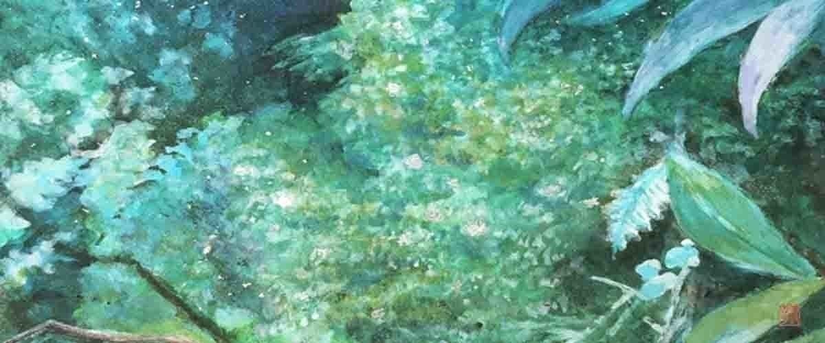 屋久島シリーズ第一弾。 苔に光る雫を銀箔で表現。緑青のもつ美しい色合いに惹かれた。ひとつの宇宙に見えたのも魅力にうつった。